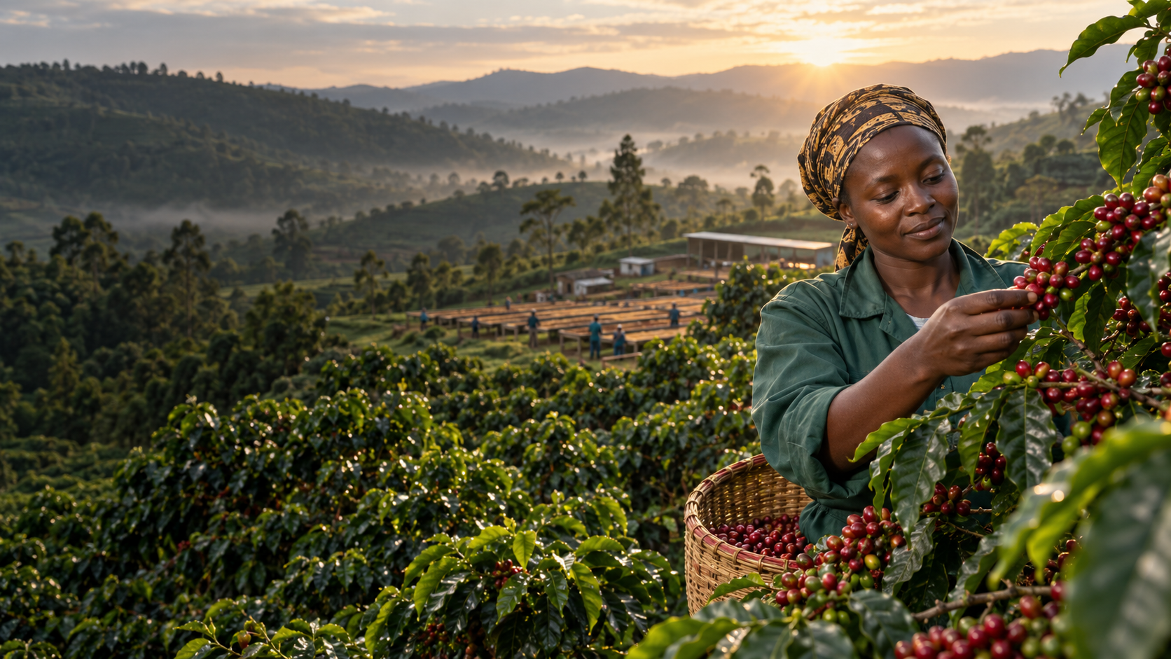Rwandan woman harvesting ripe coffee cherries